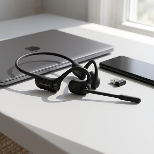 Black OPN Sound Chat Pro open-ear headset with boom mic, dongle, laptop, and phone on a white desk.