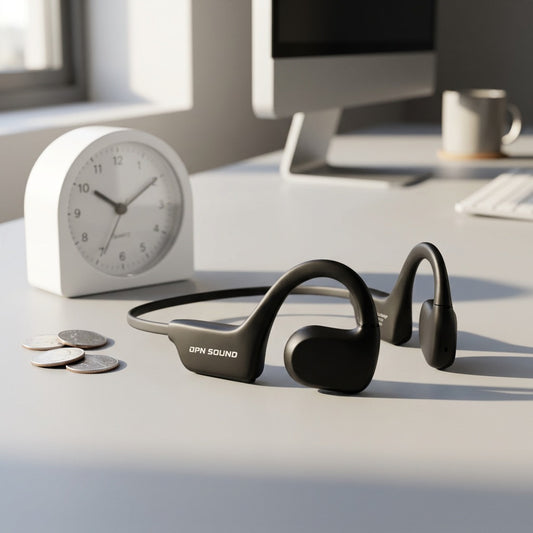 Black OPN Sound Aperto open-ear headphones on a desk beside an alarm clock and coins for scale.