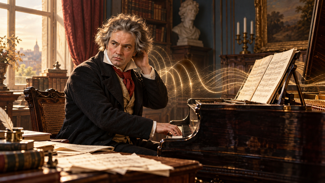 Beethoven seated at a piano with sheet music as golden sound waves illustrate vibration and resonance.