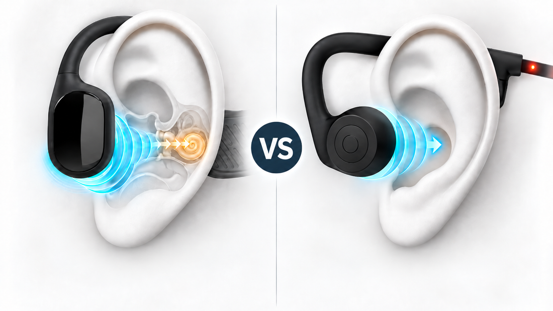 Bone conduction headphones vs. directional audio open-ear headphones showing how each technology delivers sound while keeping the ears open.