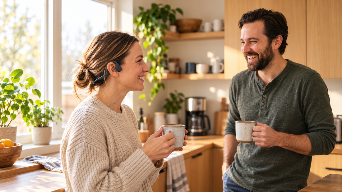 Couple talking in a kitchen while one person wears open-ear headphones