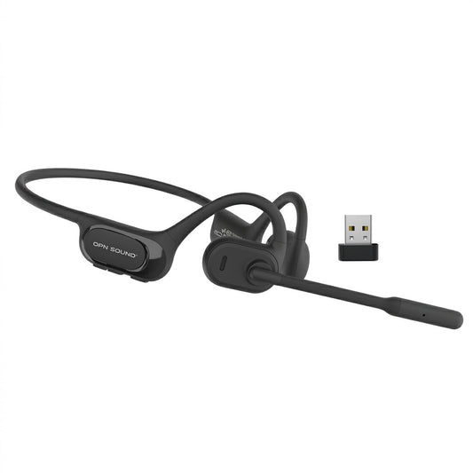 Black OPN Sound Chat Pro open-ear headset with ENC boom microphone and USB wireless dongle.