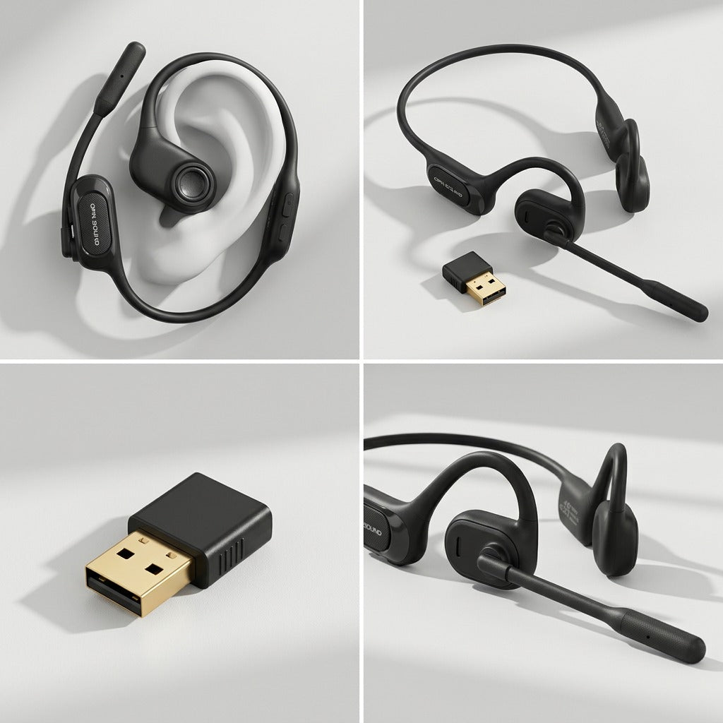 Four-panel view of OPN Sound Chat Pro open-ear headset and USB dongle in black on light gray.