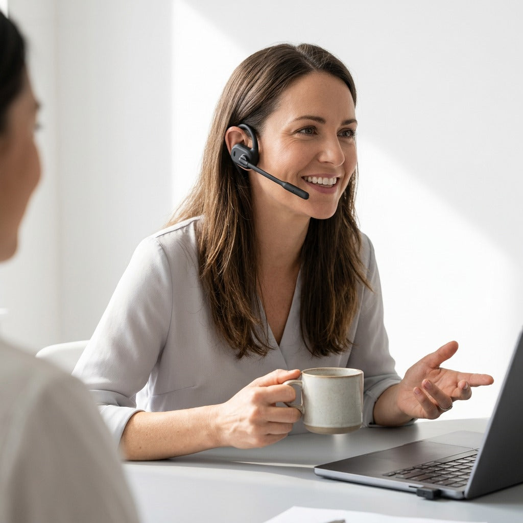 Woman working at a desk wearing the OPN Sound Chat Pro open-ear headset while holding a coffee mug.