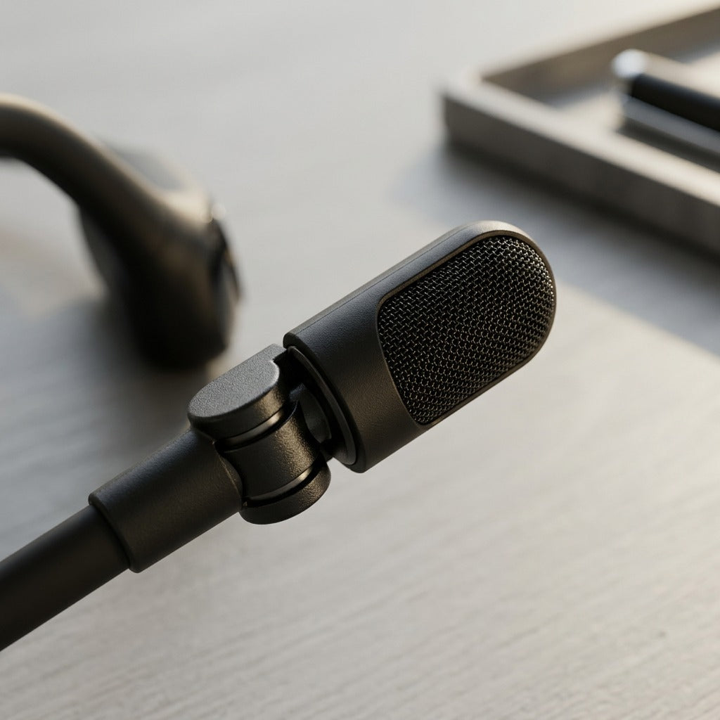 Macro detail of the OPN Sound Chat Pro matte black ENC boom microphone and its adjustable hinge.