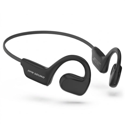OPN Sound Aperto open-ear wireless headphones in black with a lightweight ergonomic wrap around loop.