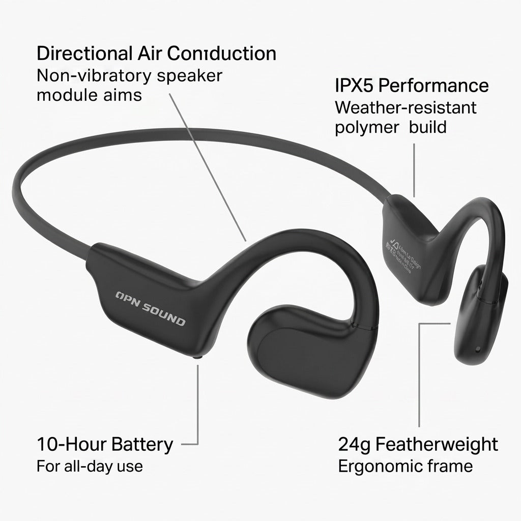 Feature diagram of OPN Sound Aperto headphones highlighting 24g weight, IPX5 rating, and directional audio.