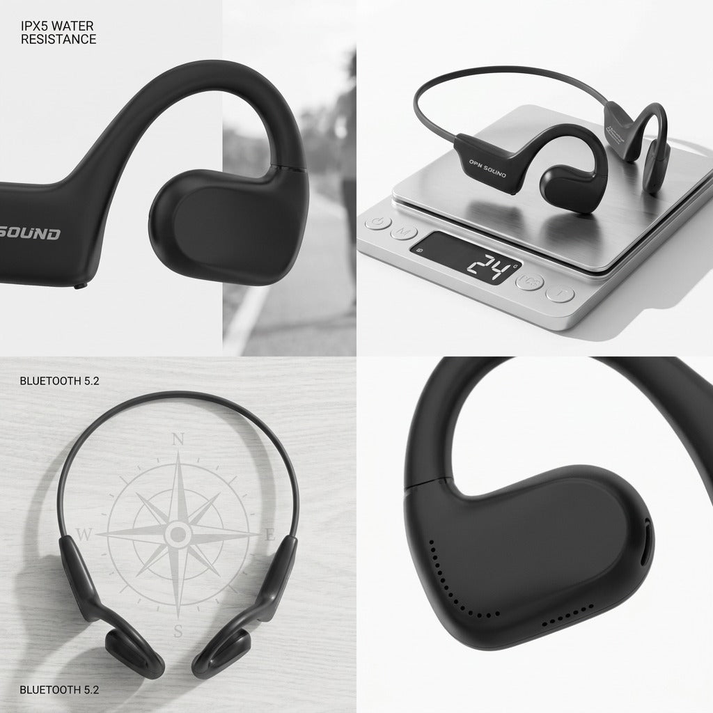 Product grid for black OPN Sound Aperto headphones showing 24g weight, IPX5 rating, and open-ear fit.