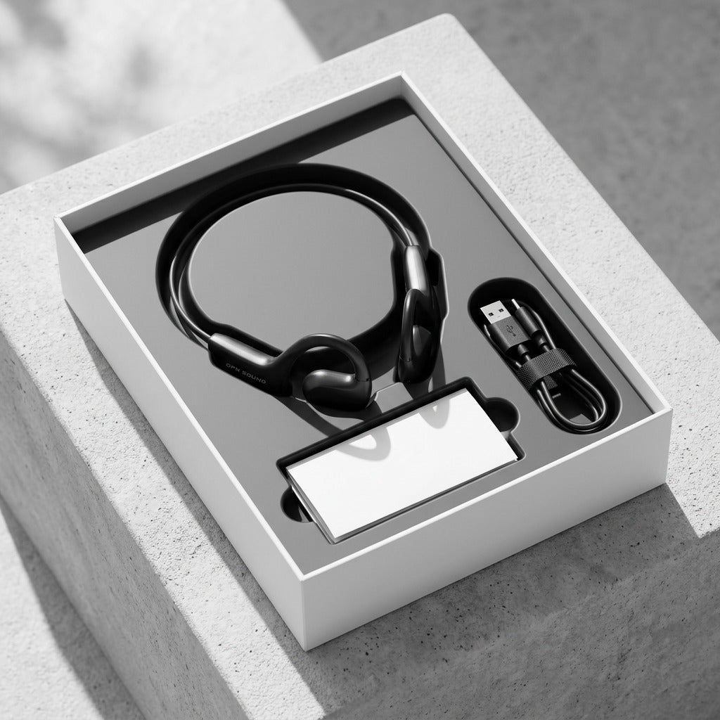 Unboxing of OPN Sound Aperto headphones in black, resting in a white box with a charging cable.