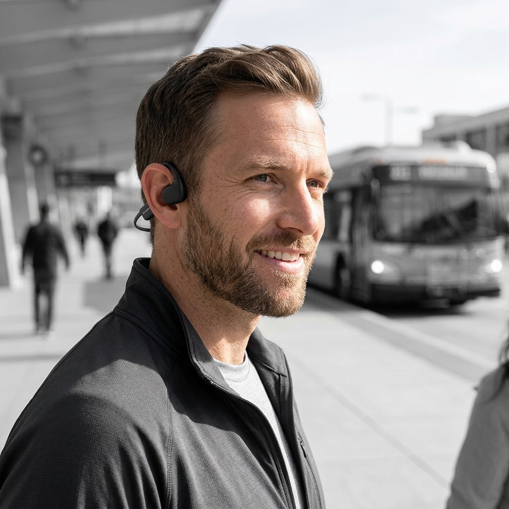 A man wearing OPN Sound Aperto black open-ear headphones while smiling at an urban bus station.