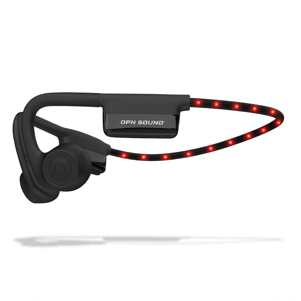 Side view of OPN Sound Dashlyte+ black open-ear headphones with red LED safety light strip on band