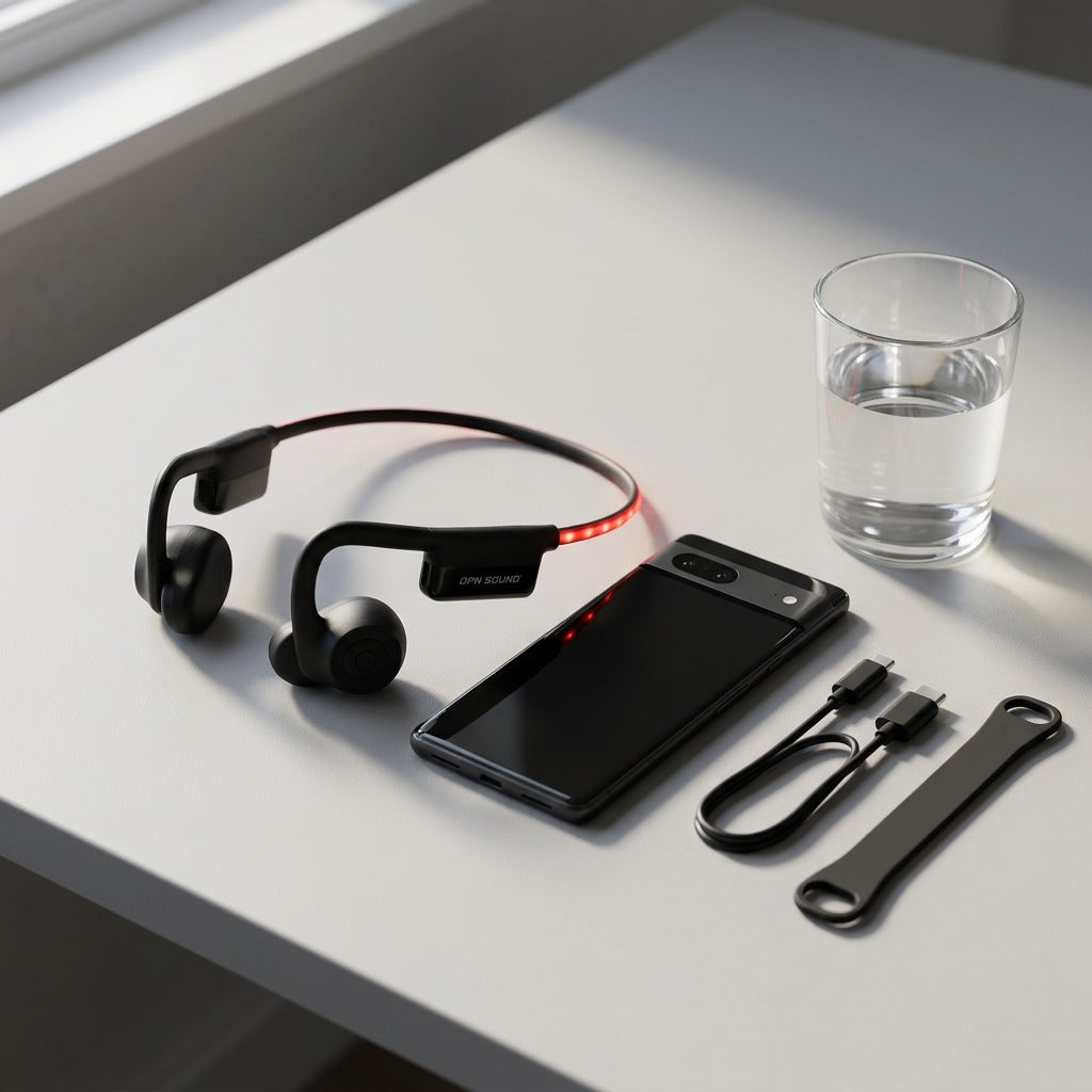 Scale reference of black OPN Sound Dashlyte+ headphones with glowing red LED strip on a desk.