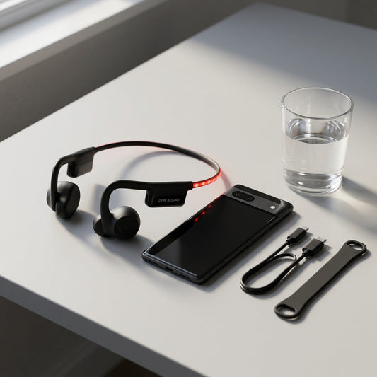 Scale reference of black OPN Sound Dashlyte+ headphones with glowing red LED strip on a desk.
