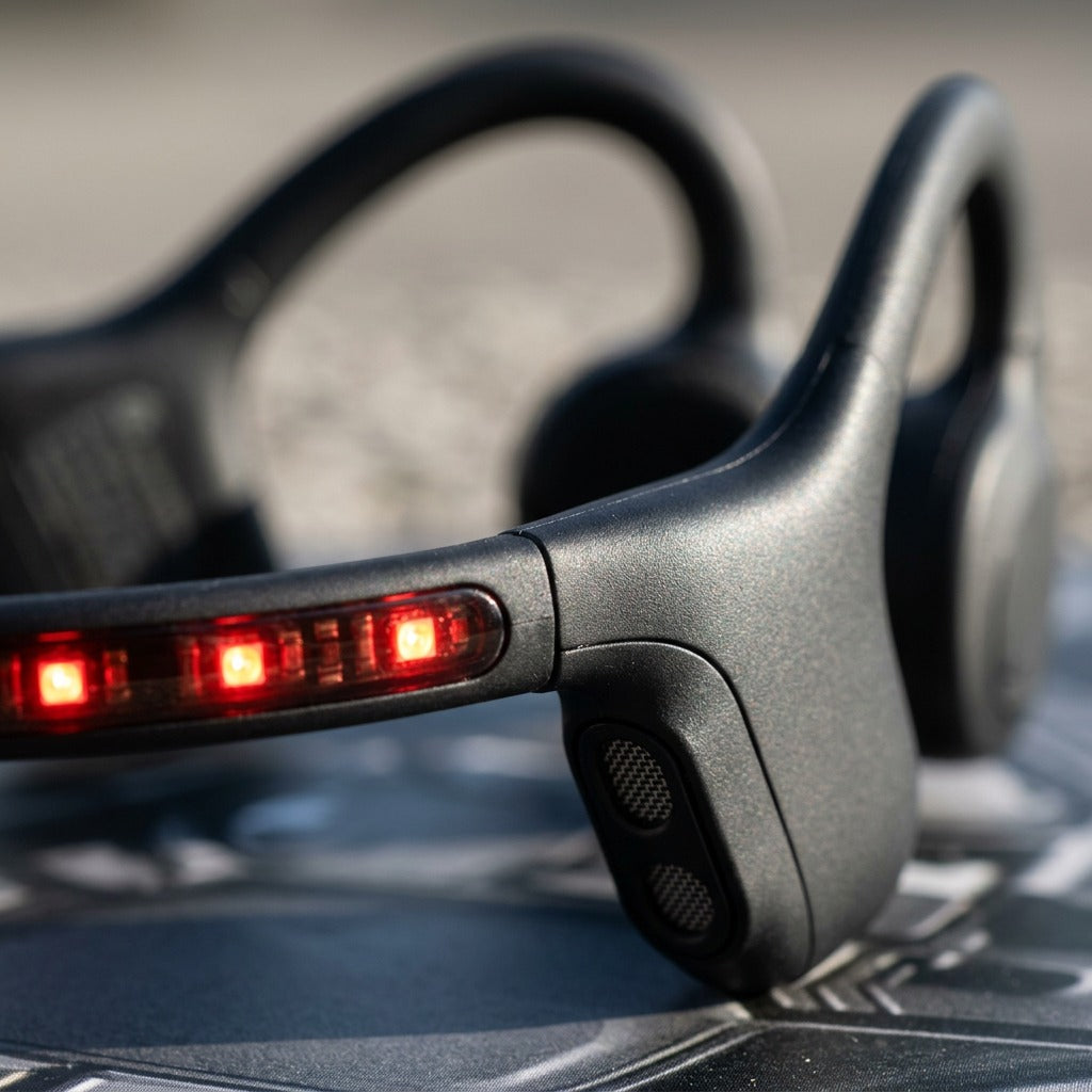 Macro detail of OPN Sound Dashlyte+ black neckband featuring a red LED safety light and dual mics.