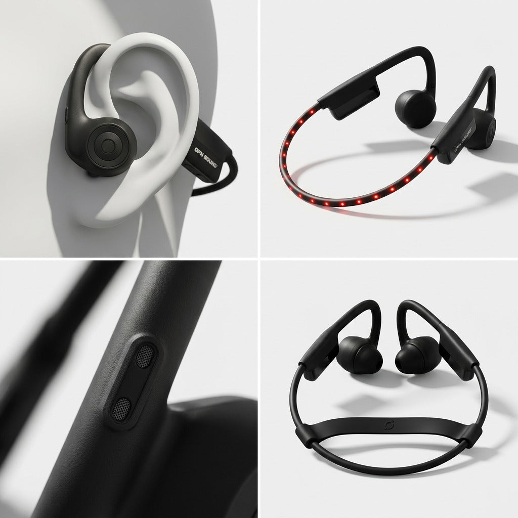 A grid showing OPN Sound Dashlyte+ headphones in black, featuring an open-ear fit, LED safety light strip, dual microphones, and an included silicone stability strap.