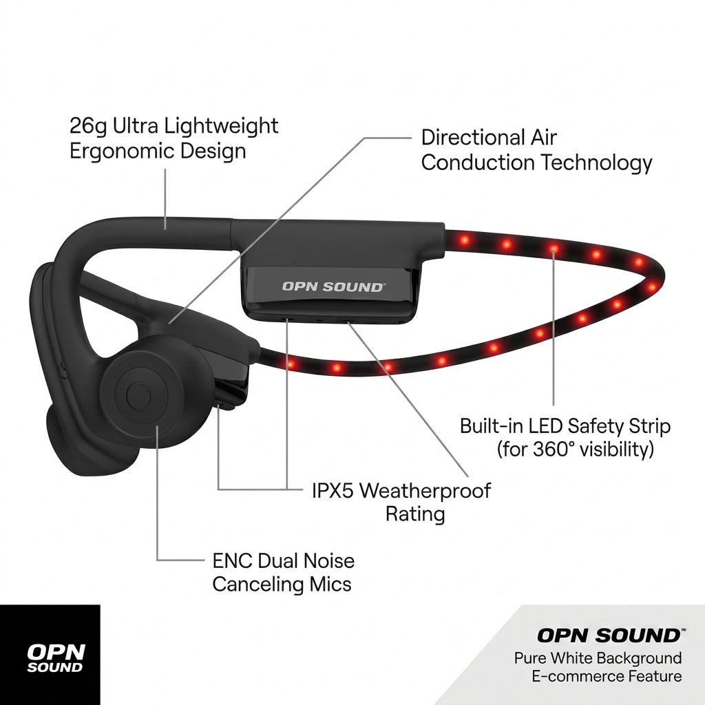 Black OPN Sound Dashlyte+ open-ear headphones with LED safety strip and feature callout labels.