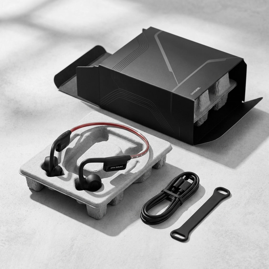 Unboxing OPN Sound Dashlyte+ headphones in black with USB-C cable, silicone strap, and retail box.