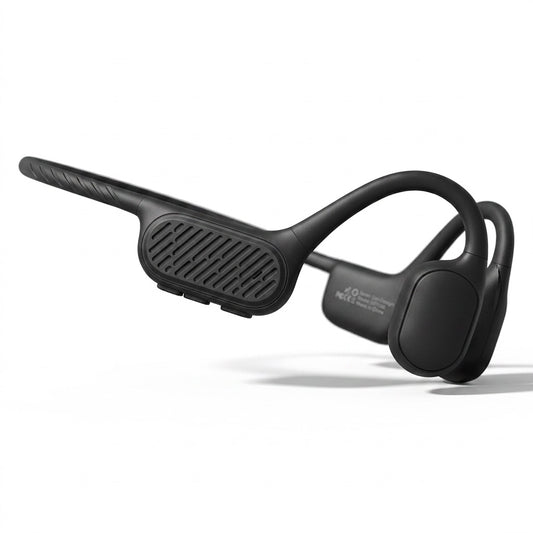 Black OPN Sound Swym+ open-ear bone conduction headphones with a matte finish on a white background.