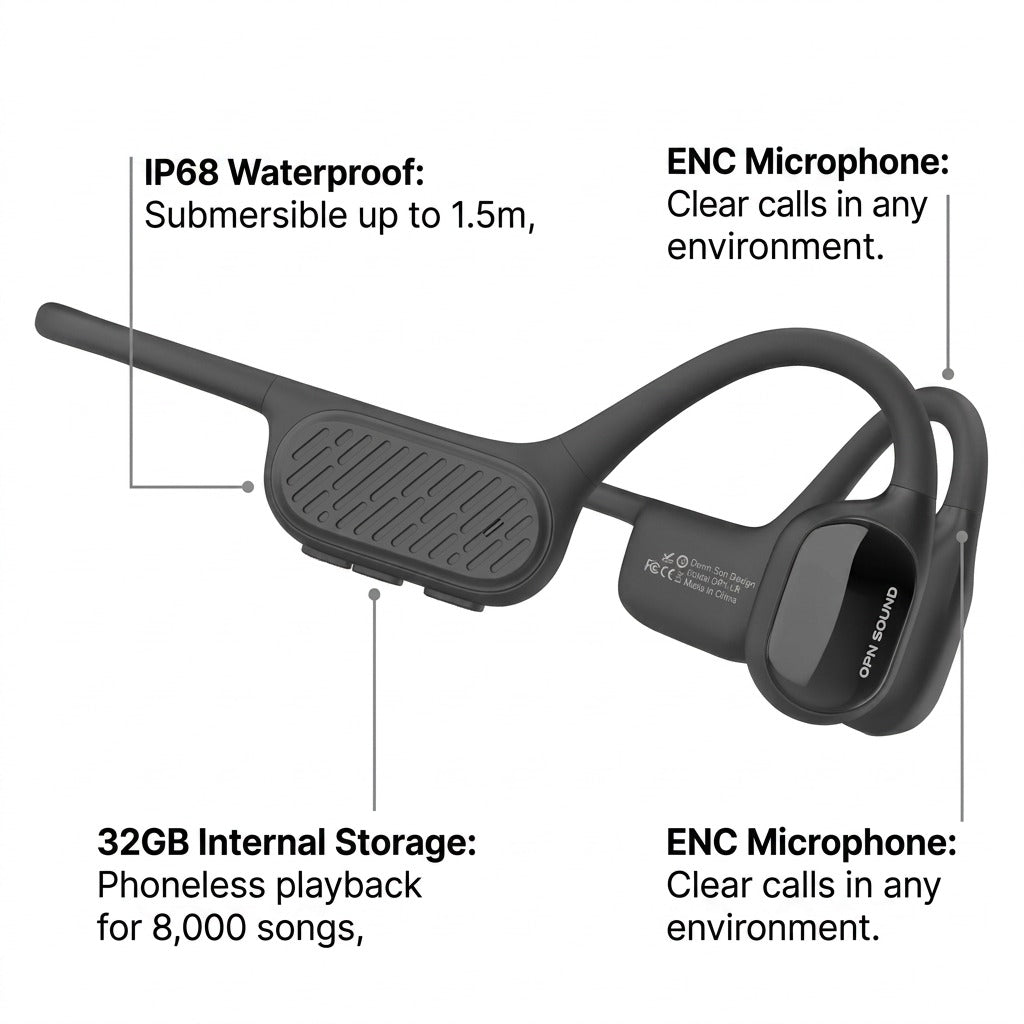 OPN Sound Swym+ black open-ear headphones featuring IP68 waterproofing and 32GB internal storage.