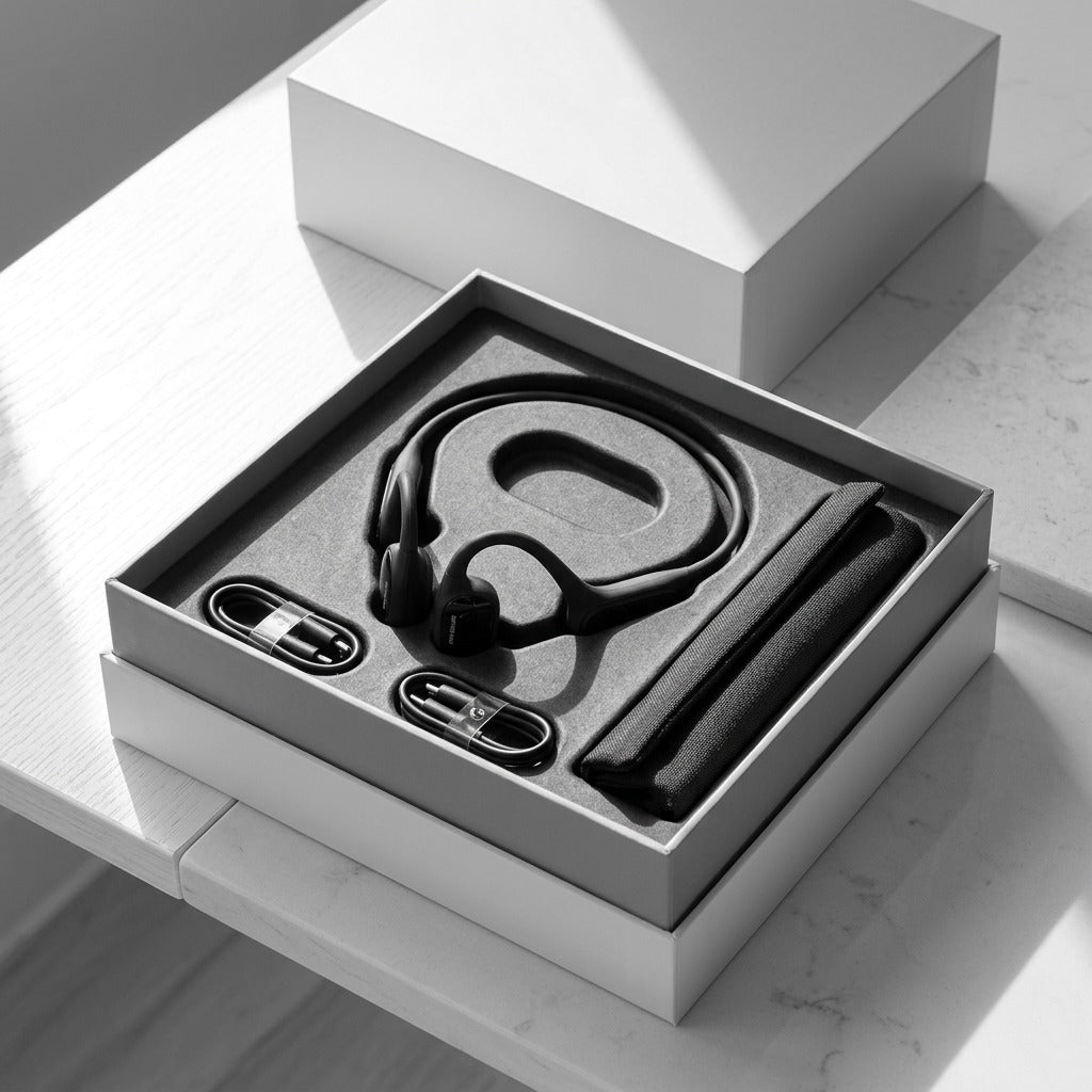 OPN Sound Swym+ headphones in premium packaging with two charging cables and a carrying pouch.