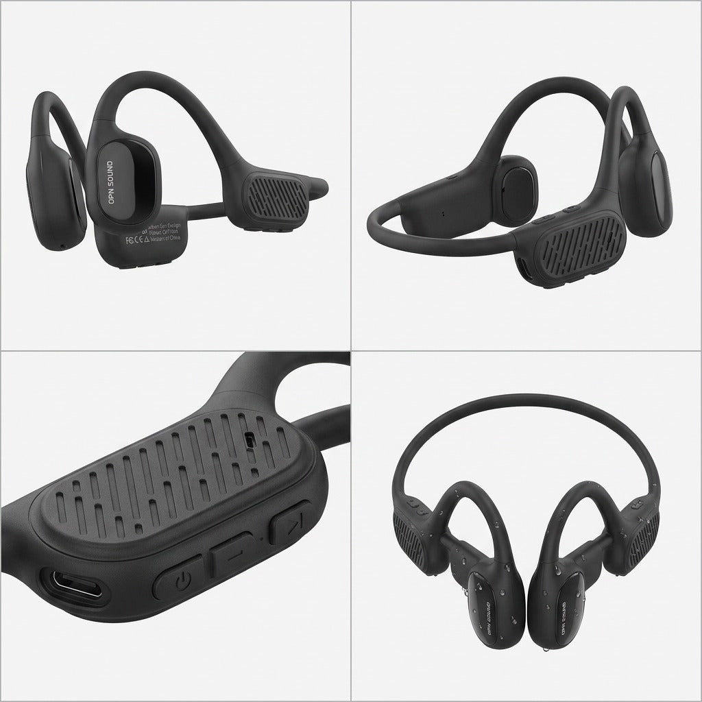 Four-panel grid of OPN Sound Swym+ black waterproof bone conduction headphones showing various angles.