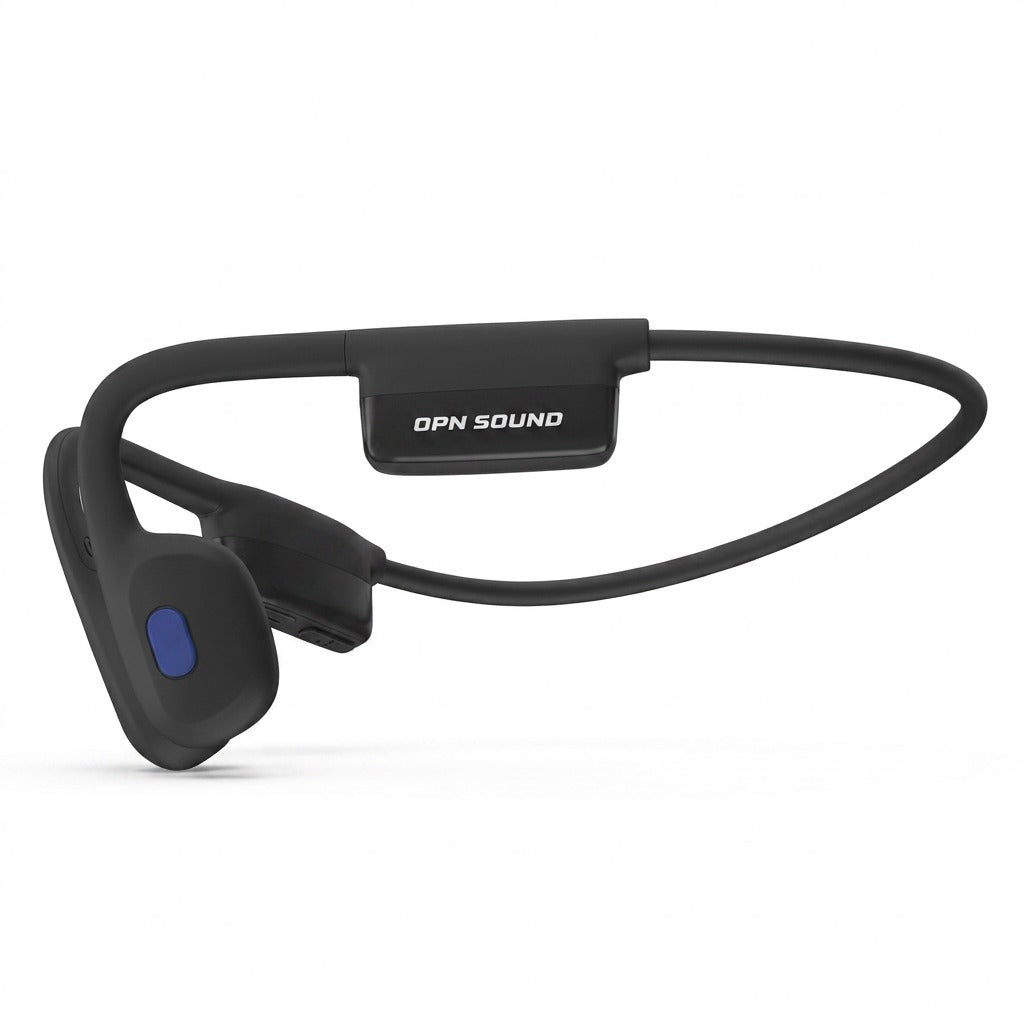 Black OPN Sound Mezzo+ bone conduction headphones in an open-ear, wrap-around design on white.