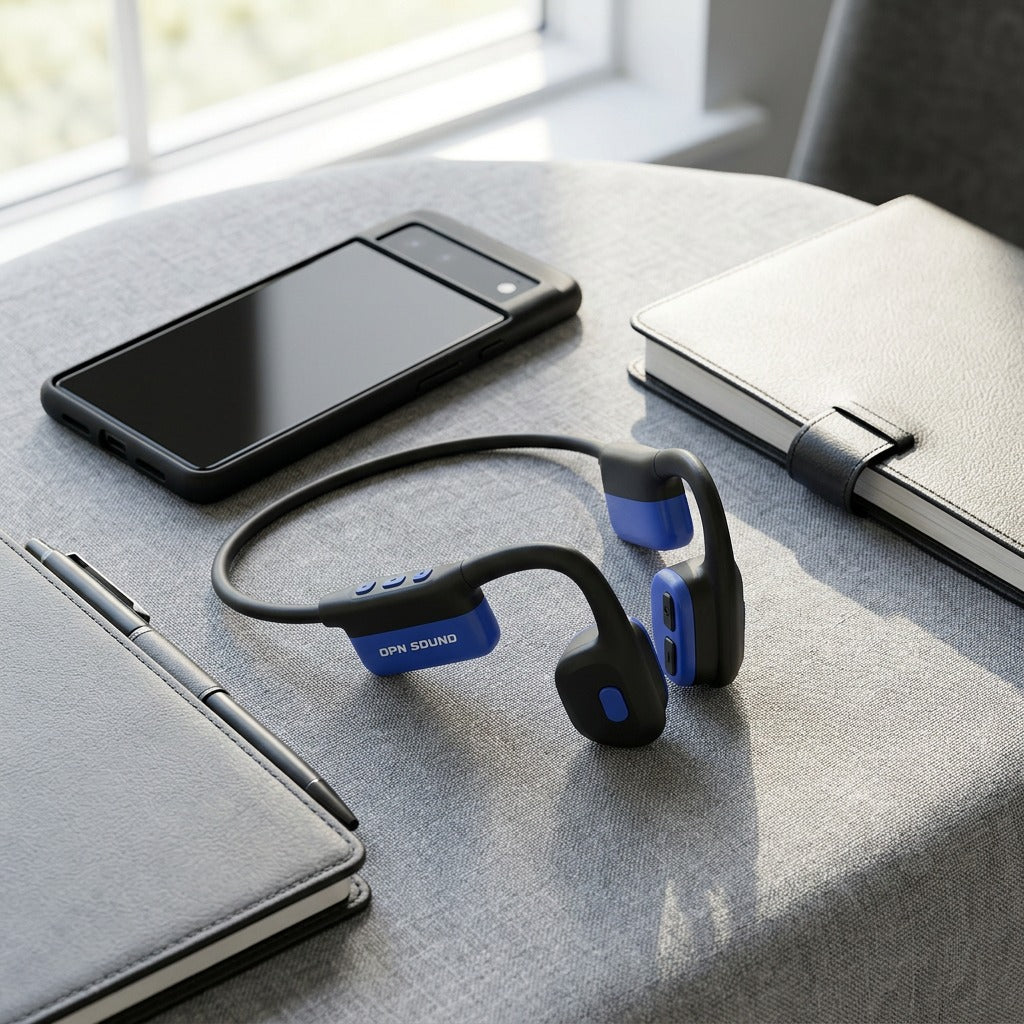 Blue and black OPN Sound Mezzo+ open-ear headphones on a desk with a smartphone for scale.