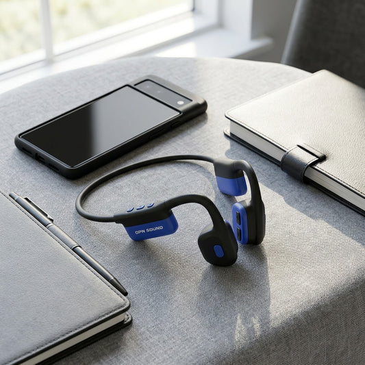 Blue and black OPN Sound Mezzo+ open-ear headphones on a desk with a smartphone for scale.