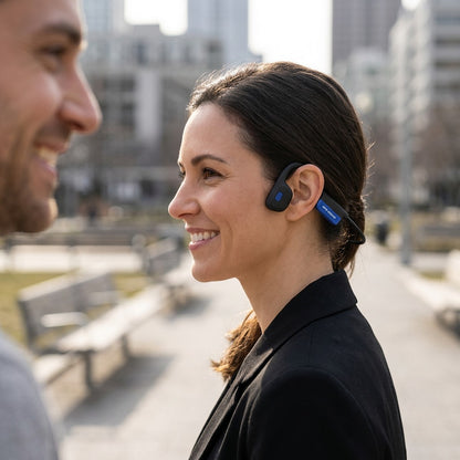 Woman in an urban park wearing Mezzo+ open-ear bone conduction headphones while smiling at neighbor.