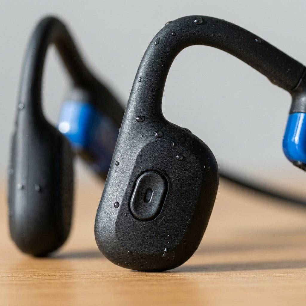 Macro detail of OPN Sound Mezzo+ bone conduction headphones with water droplets on the matte finish.
