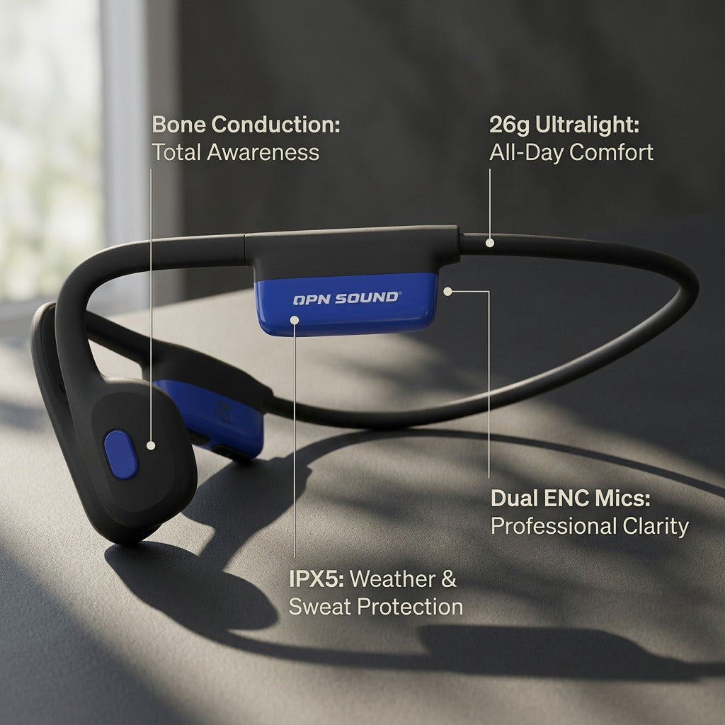 Black OPN Sound Mezzo+ bone conduction headphones callout showing IPX5 rating and 26g weight.