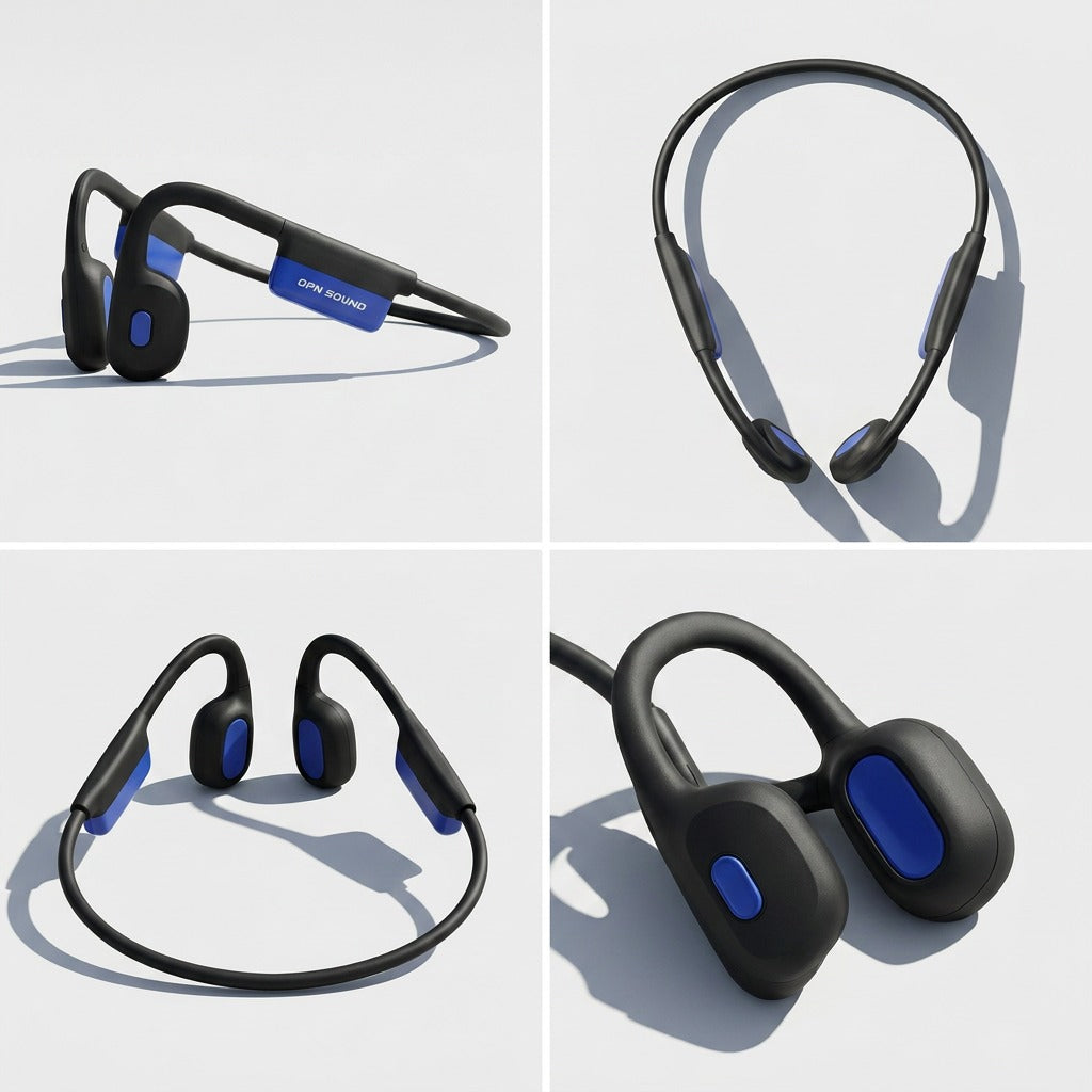 Four views of black OPN Sound Mezzo+ bone conduction headphones showing the 26g open-ear design.