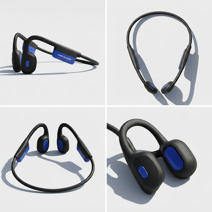 Four views of black OPN Sound Mezzo+ bone conduction headphones showing the 26g open-ear design.