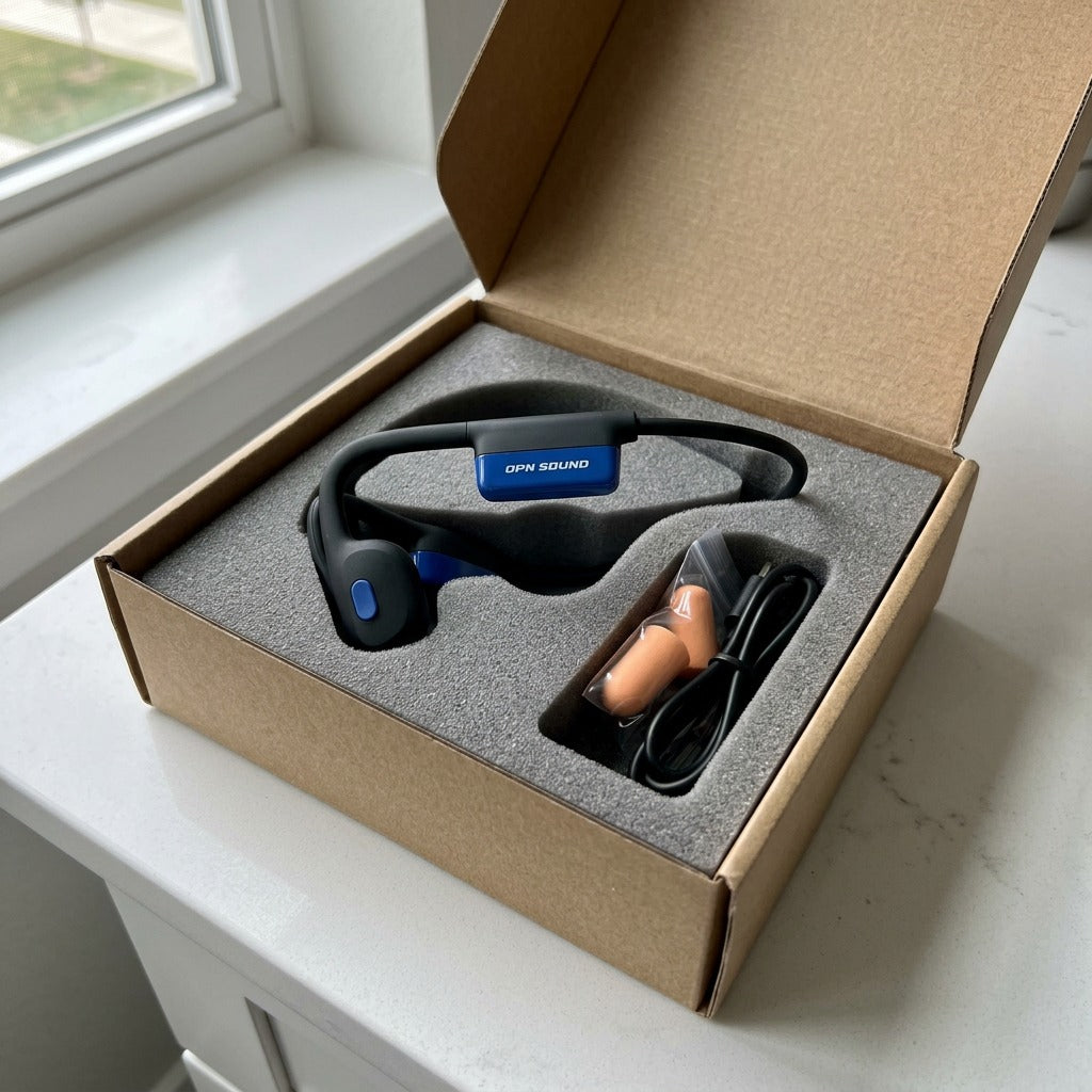 Unboxing the OPN Sound Mezzo+ bone conduction headphones in black, resting in protective foam.