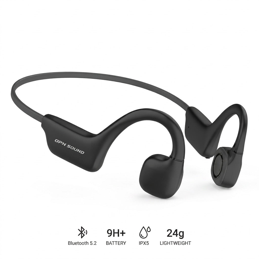 Black OPN Sound Osso open-ear bone conduction headphones with ergonomic 24g lightweight design.