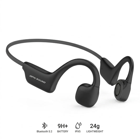 Black OPN Sound Osso open-ear bone conduction headphones with ergonomic 24g lightweight design.