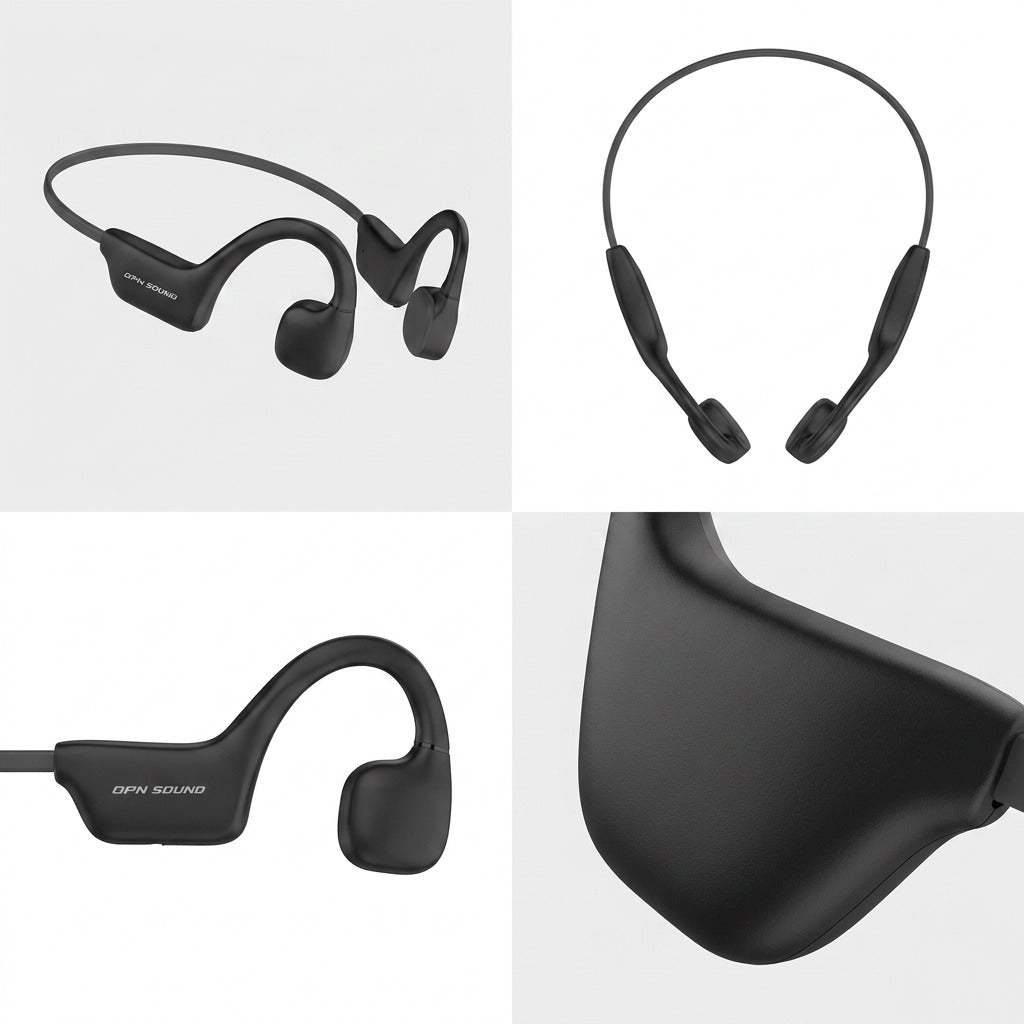 Four angles of black OPN Sound Osso bone conduction headphones showing the lightweight, open-ear design.