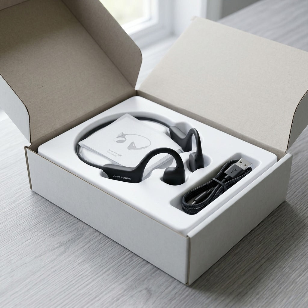 Unboxing OPN Sound Osso bone conduction headphones in black, resting in a white tray with USB cable.