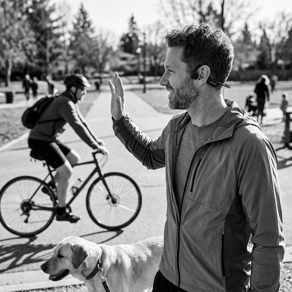 A man waves while wearing OPN Sound Osso bone conduction headphones in a park with his dog.